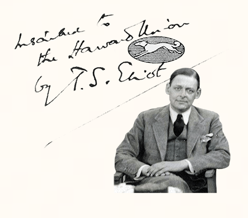 T.S. Elliot sitting in a chair and his signature in the background. 