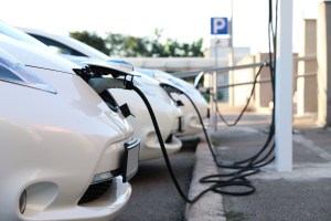 Lined up electric vehicle cars.