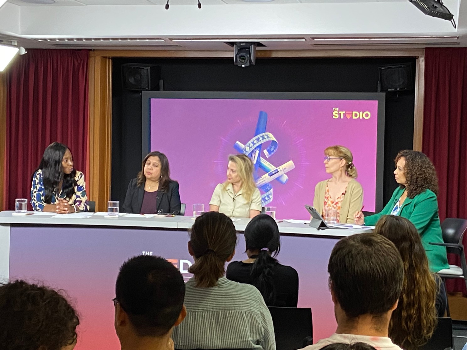 Fatima Cody Stanford (from left), Uma Naidoo, Caroline Apovian, Bryn Austin, and Mallika Marshall.