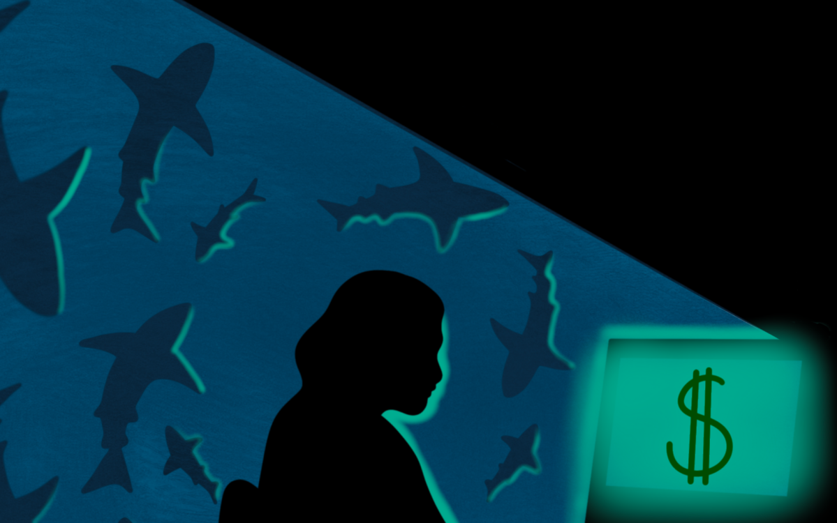 woman on computer surrounded by sharks