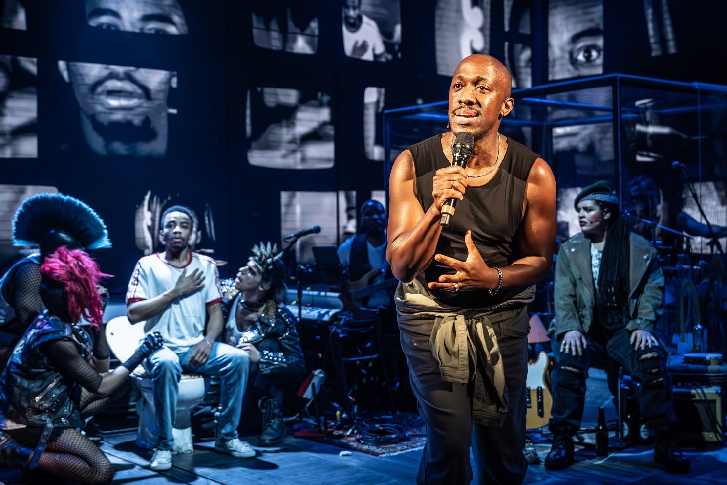 Giles Terera (front), Keenan Munn-Francis, David Albury, and Renée Lamb in “Passing Strange ”at the Young Vic Theatre.