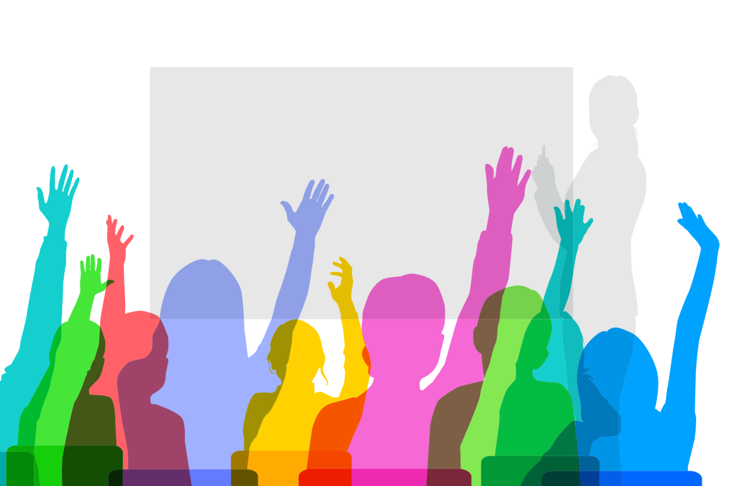 Illustration of students with hands raised and teacher at chalkboard.