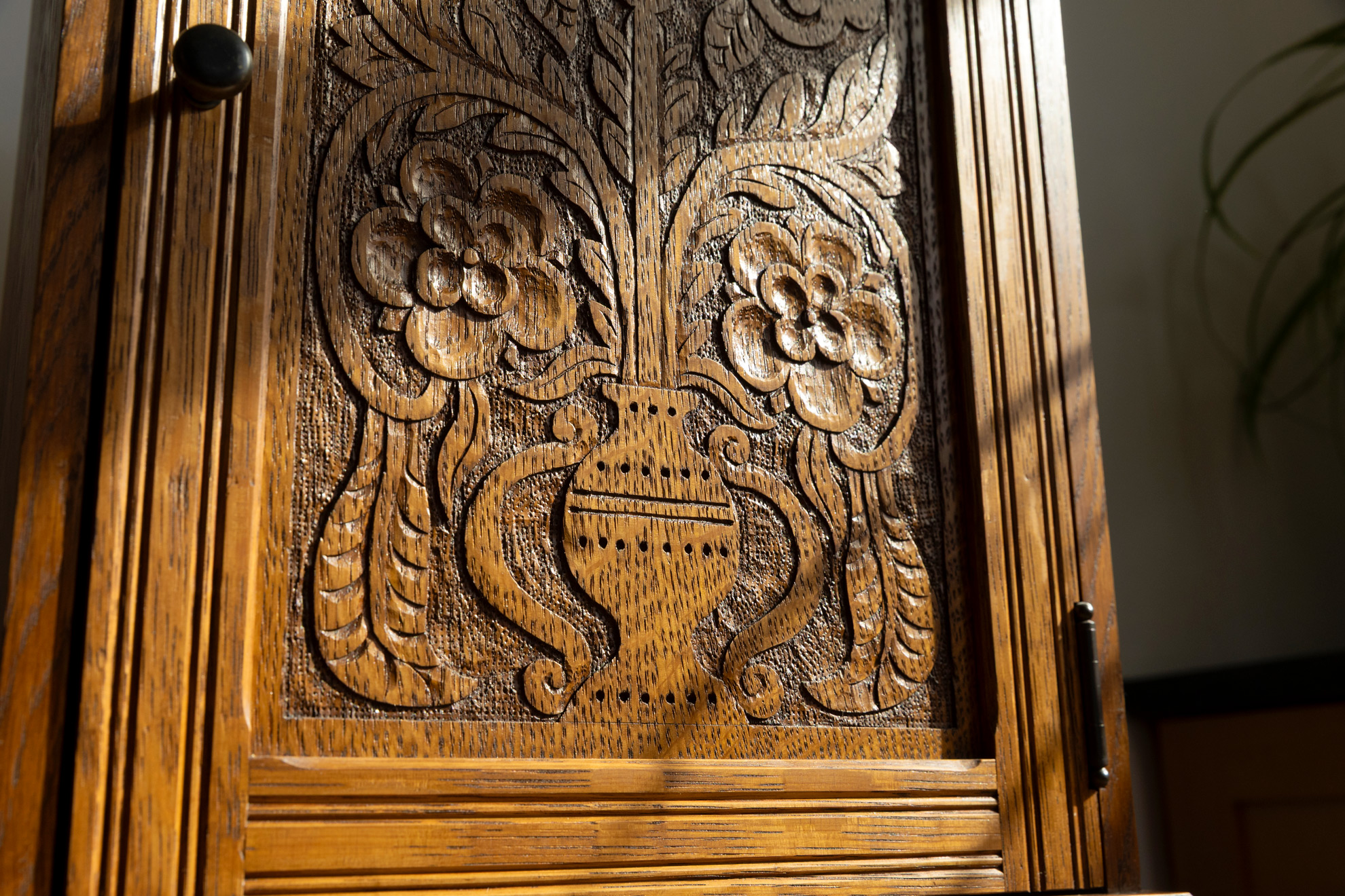 A close up of the cabinet Eve Radovsky, Faculty Assistant at Harvard Law School, woodworker, and crafter created.