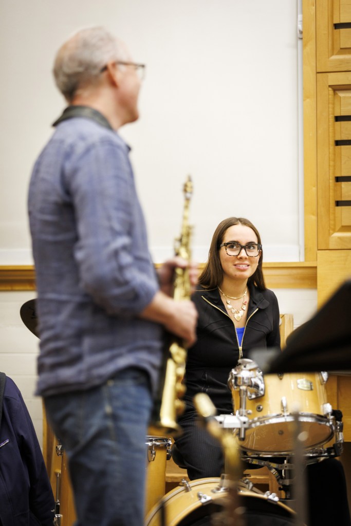 Ted Nash (left) and Dylan Goodman ’25 are pictured during rehearsal.
