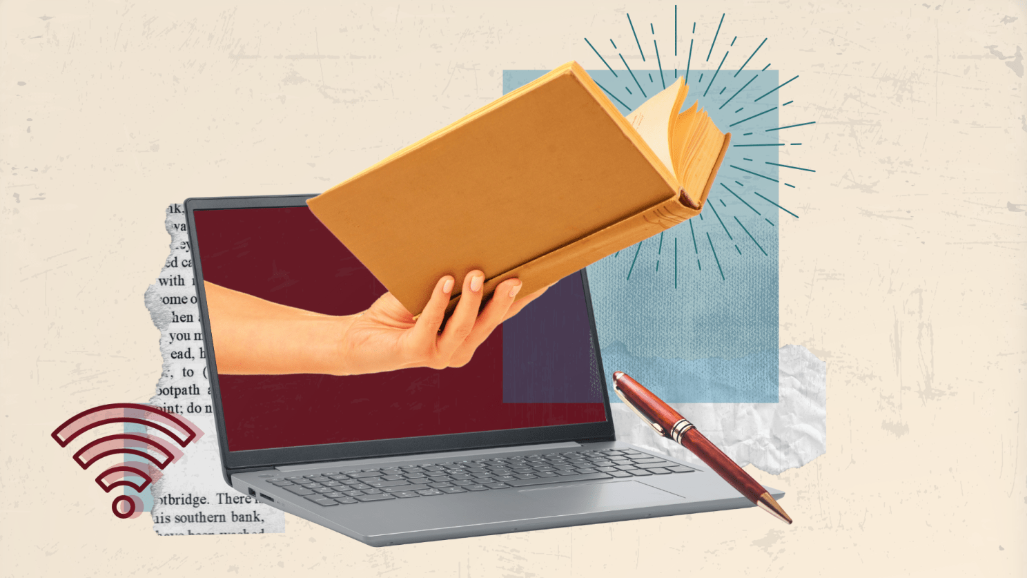 hand with book reaching outside of a laptop