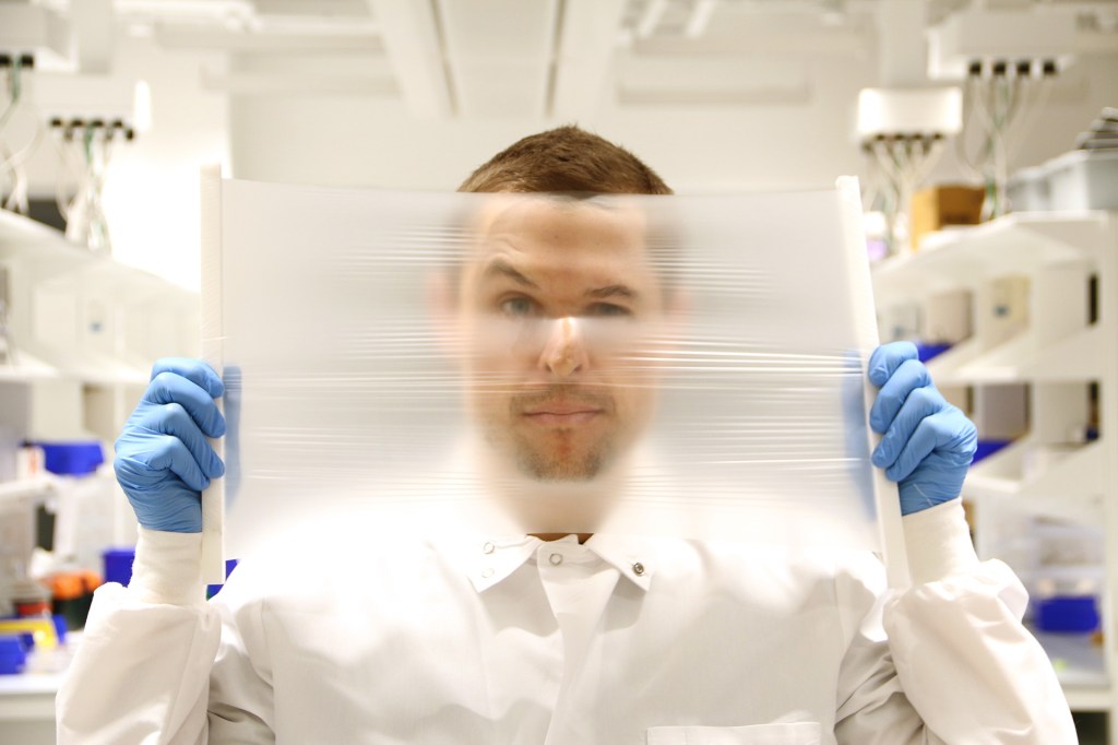 Peteris Lazovskis holds a 15-micron thick membrane used in Trellis Air's system.