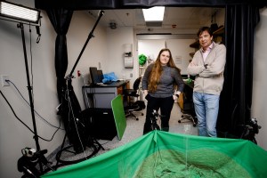 Postdoctoral Fellow Ugne Klibaite (left) and Bence P Ölveczky, Professor of Organismic and Evolutionary Biology, stand together in the lab where data is collected on rat behavior. They are part of a team publishing a new paper that introduces a new method for tracking, in unprecedented detail, the social lives and behaviors of rats towards a better understanding of Autism. Photo by Grace DuVal