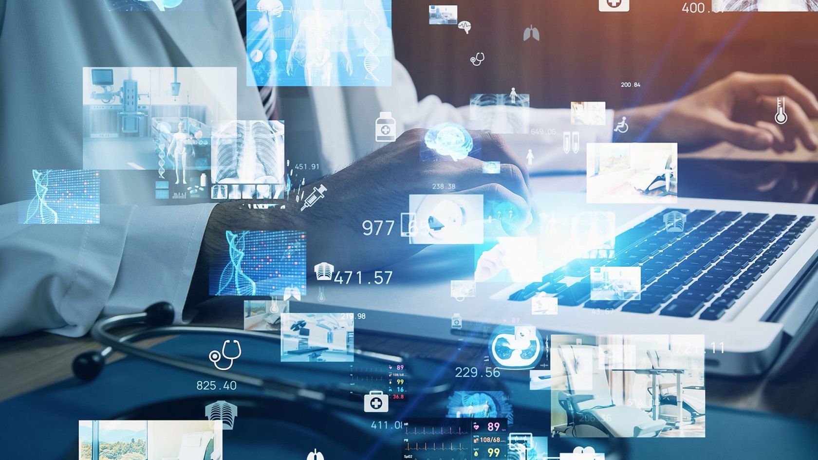 Illustration of doctor looking at medical icons.