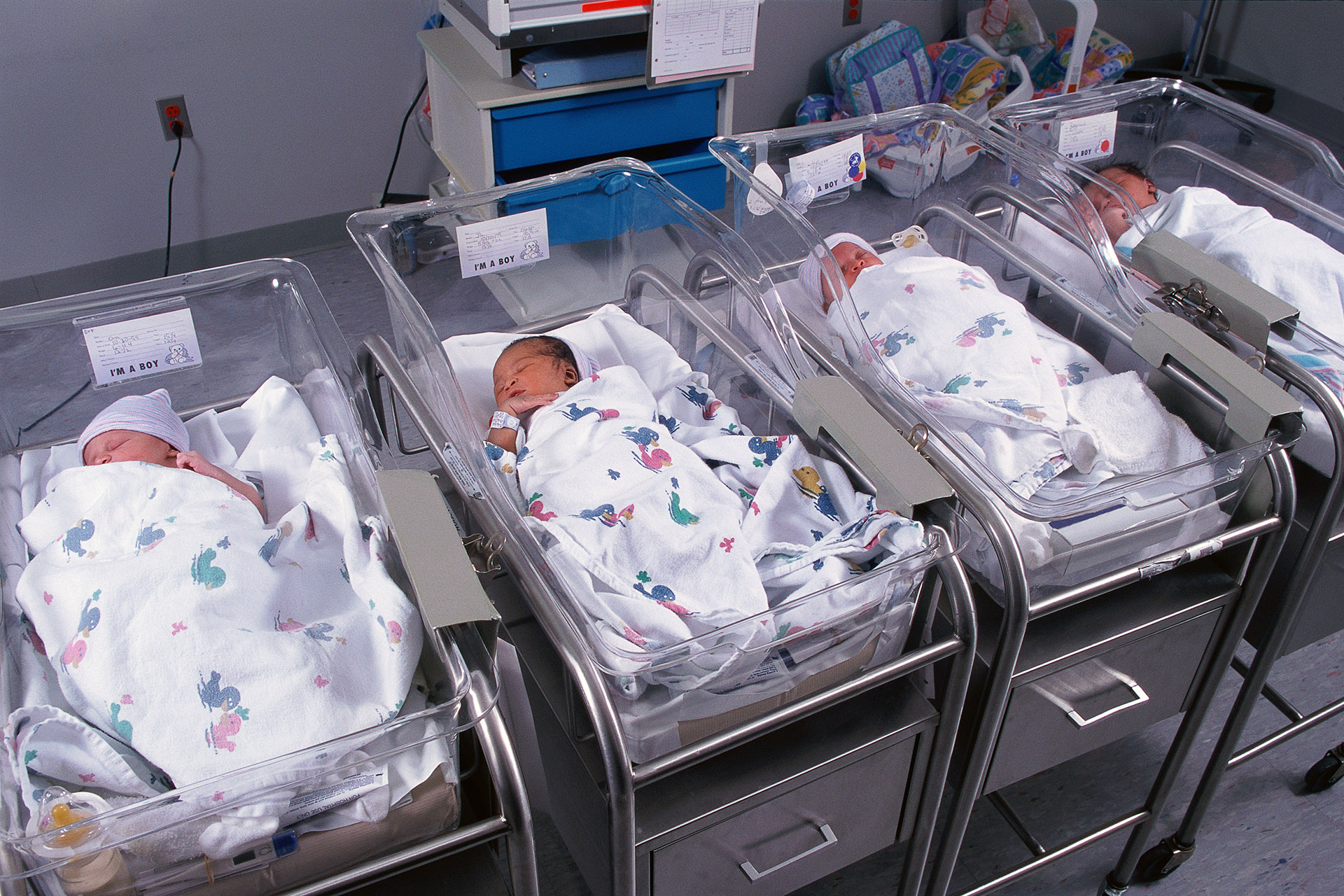 Newborns in a hospital nursery.