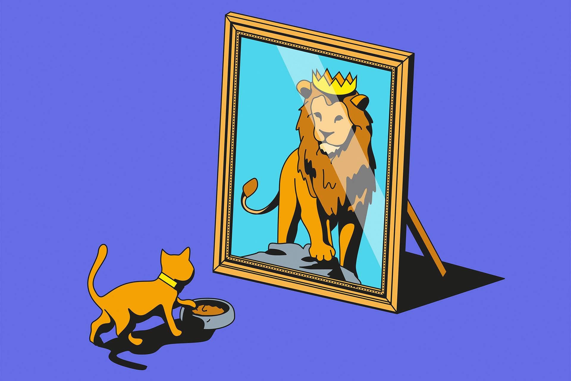 Illustration of cat looking in mirror and seeing lion reflection. (Harry Haysom/Ikon Images)