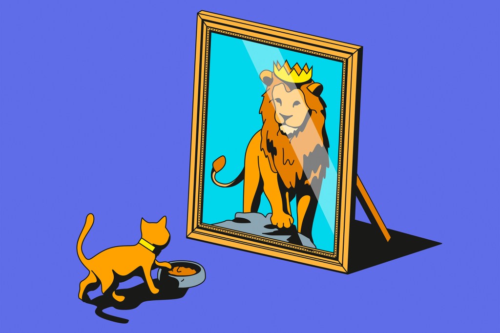 Illustration of cat looking in mirror and seeing lion reflection. (Harry Haysom/Ikon Images)