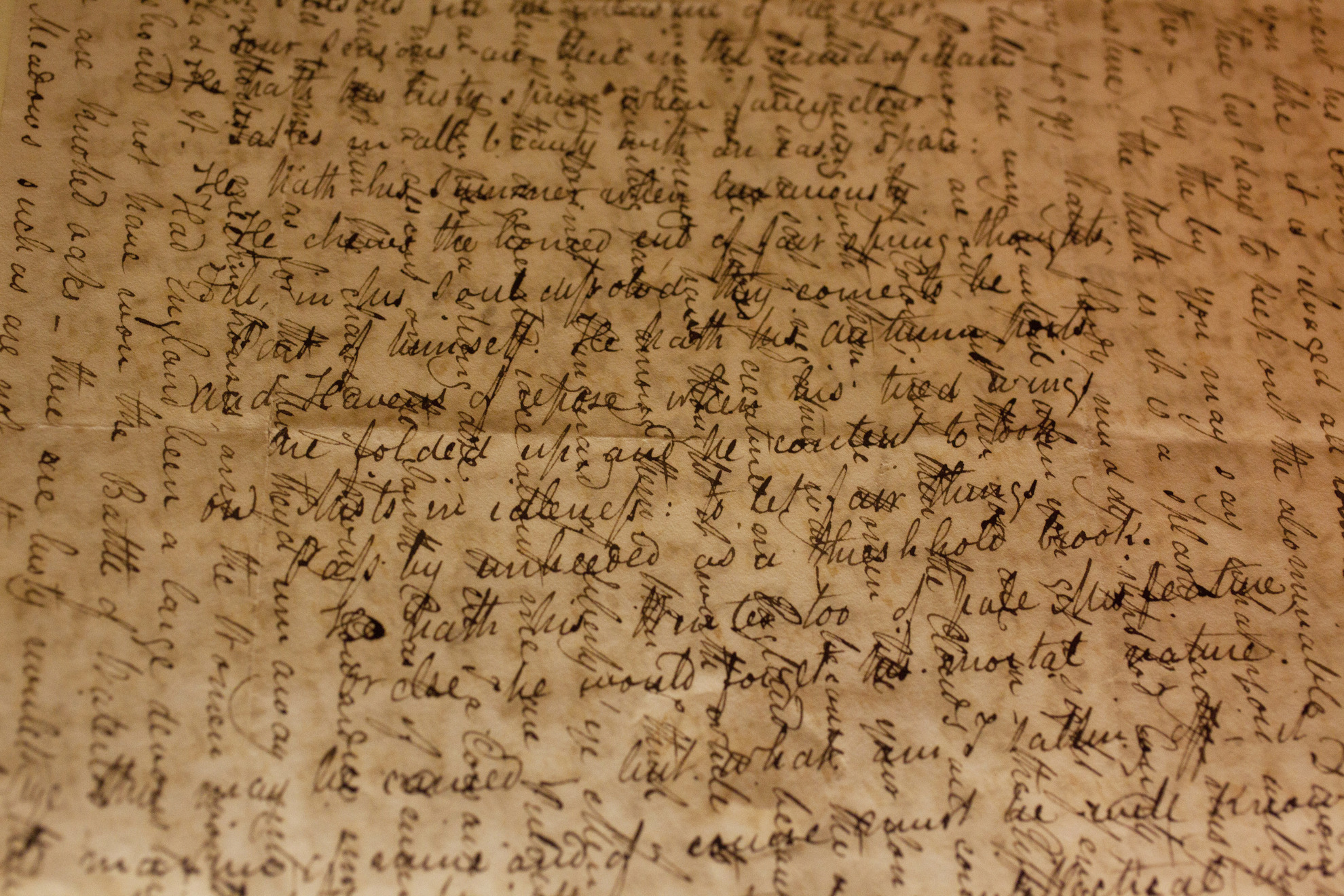 A detail image of writing by Keats in the Keats Room in Houghton Library that demonstrates cross-writing, an economical use of paper during a time when paper was valuable.