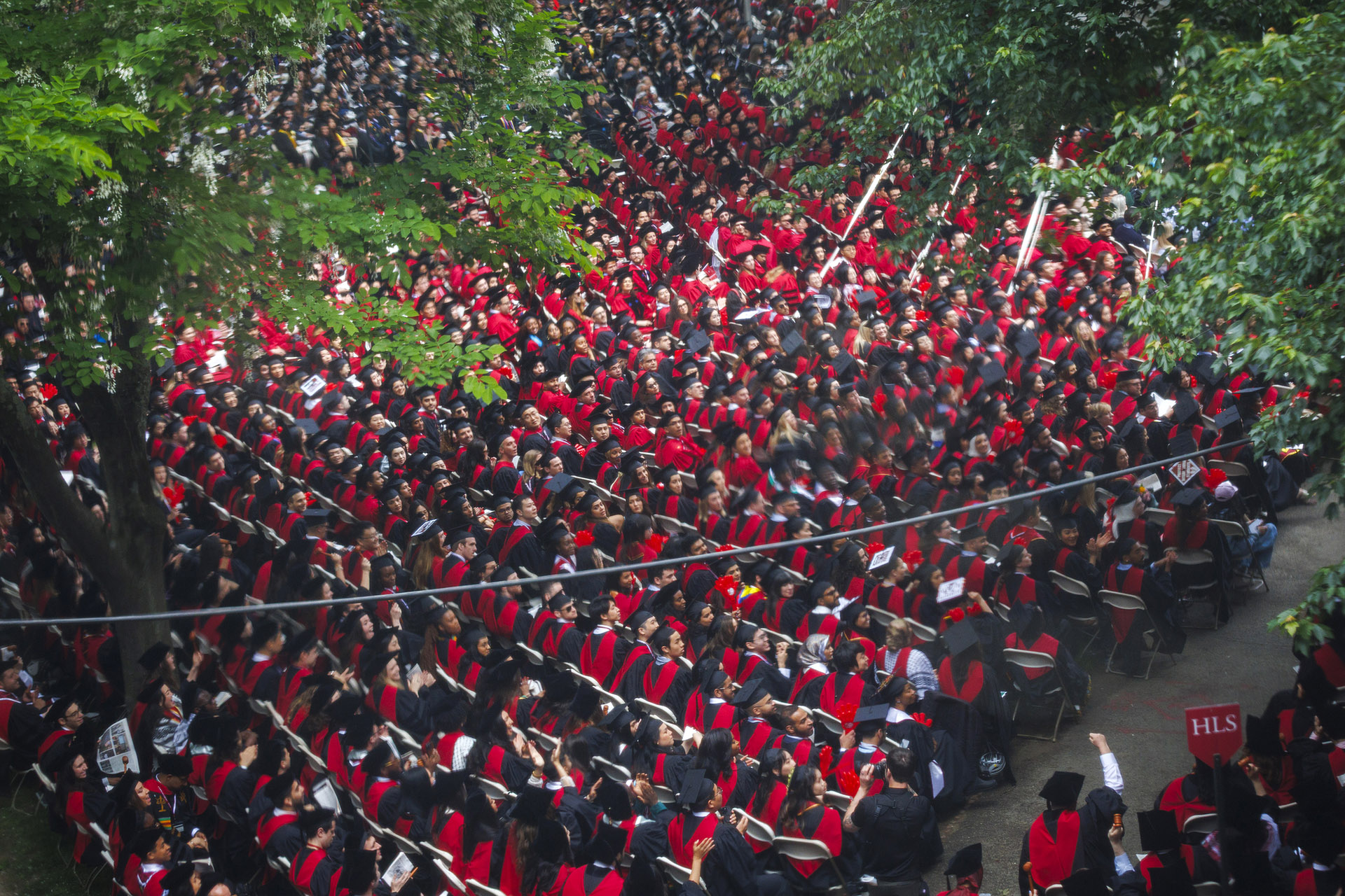 Aerial view of graduates in Harvard Yard.