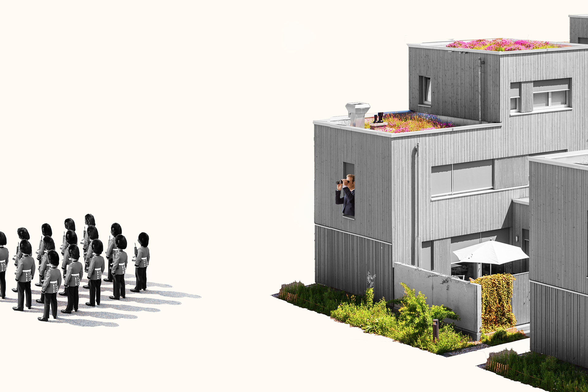 Photo illustration of guards outside of a bunker.