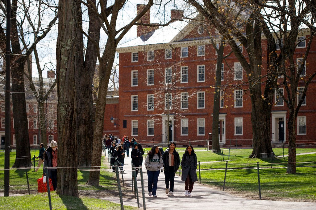 Students walk through Harvard Yard.