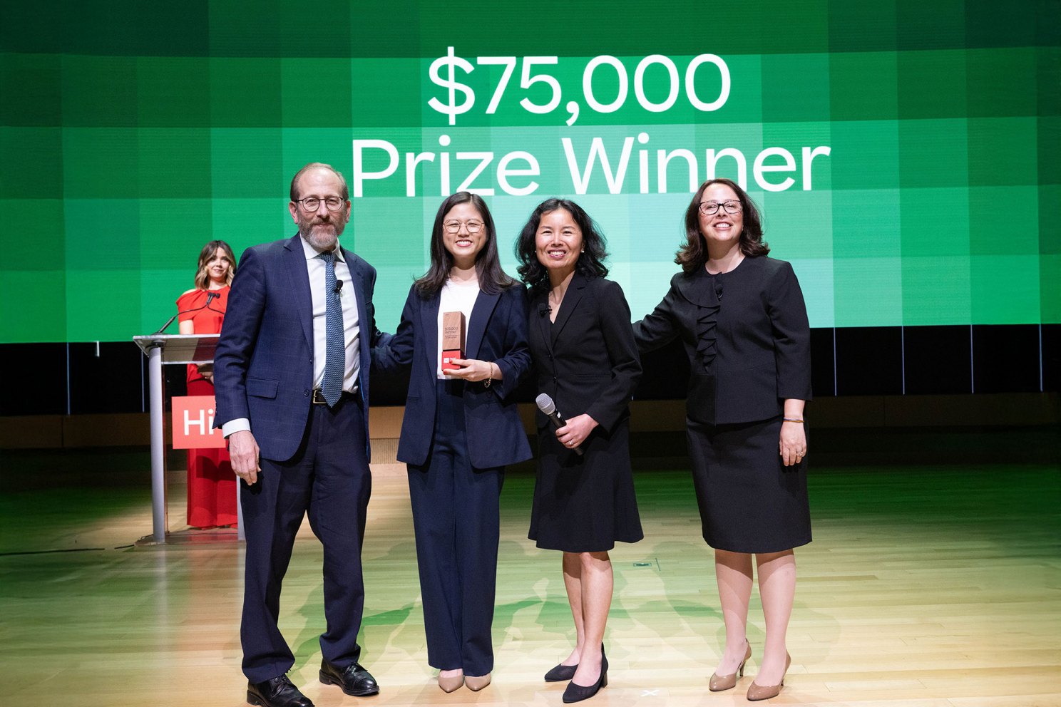 President Garber, Tess Kim, Founder of PeriPeach, Harvard i-lab Managing Director Becca Xiong, and Senior Director Meagan Hall. 