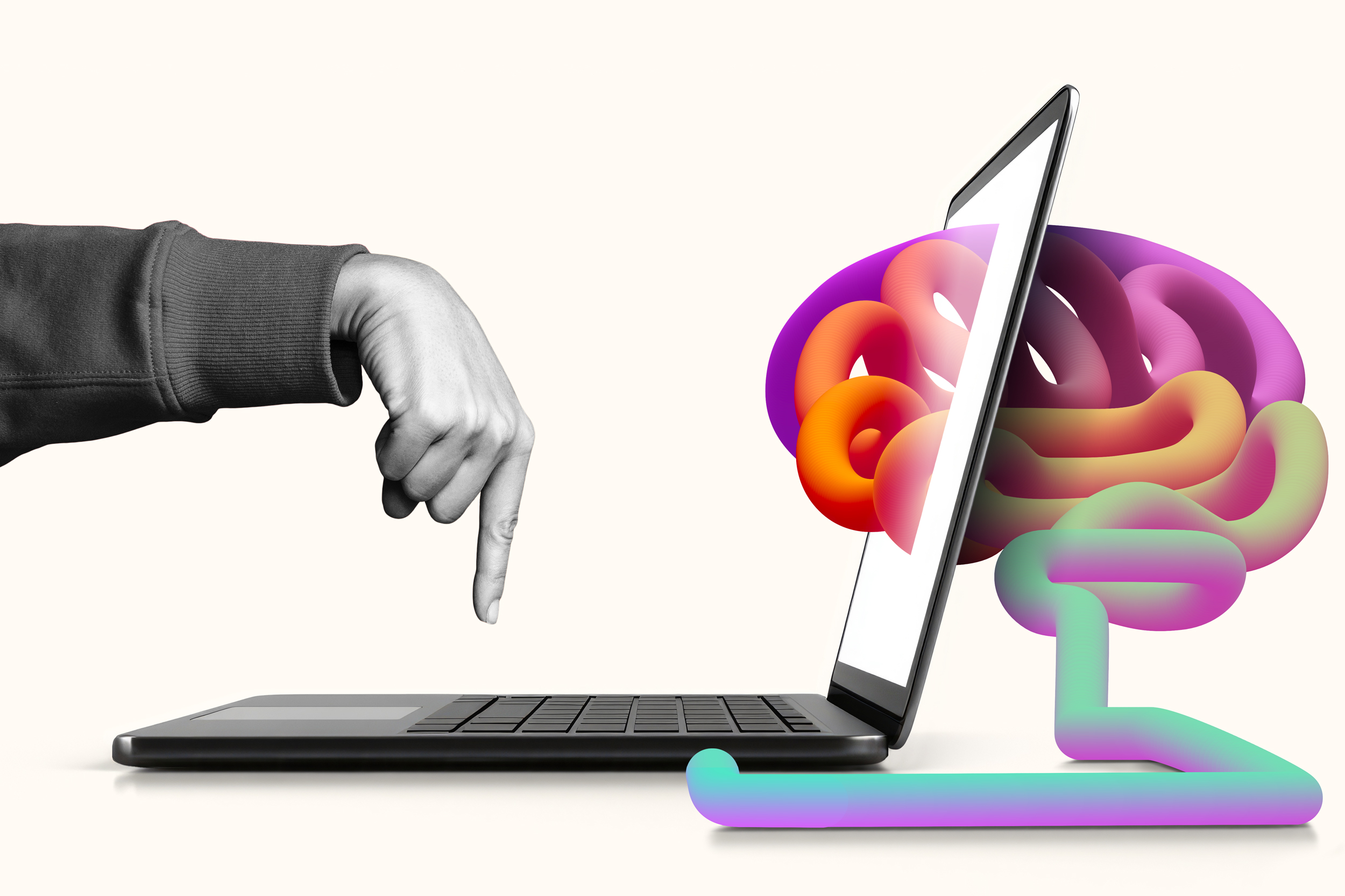 Illustration of computer and human finger hovering over a keyboard vs. OpenAI’s GPT-4o plugged in to the computer.