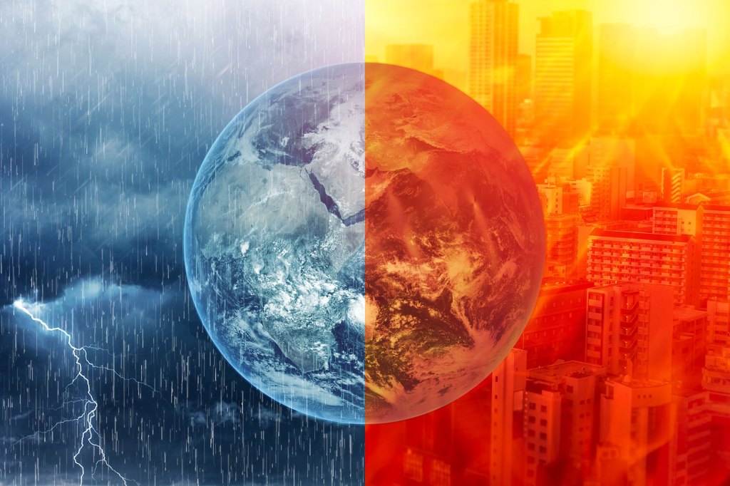 Global warming climate El Nino and La Nina crisis weather effect concept extreme hot wave and heavy storm raining concept, element from NASA