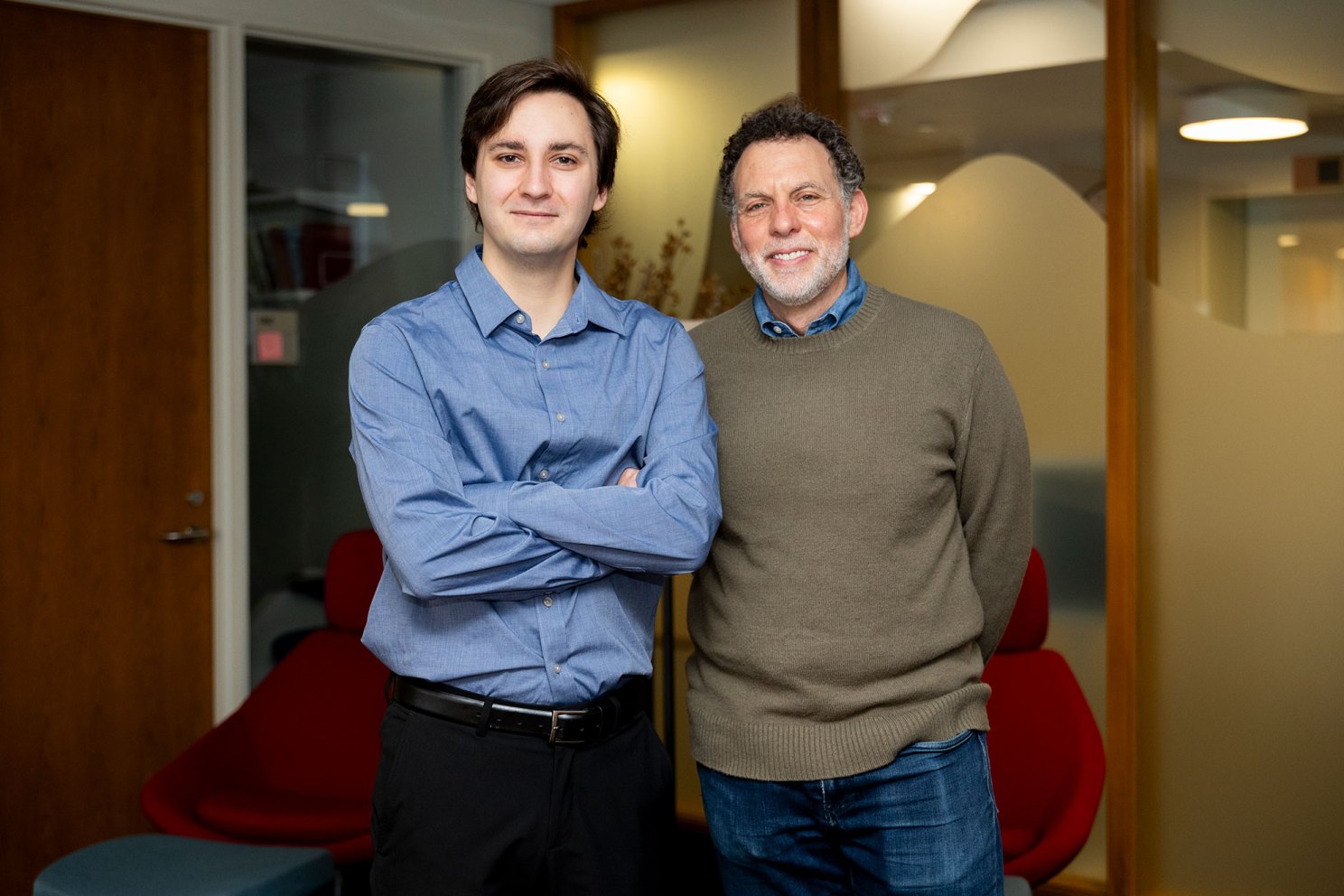 Lucas Woodley ’23, Ph.D. student, (left) and Professor of Psychology Joshua D. Greene.