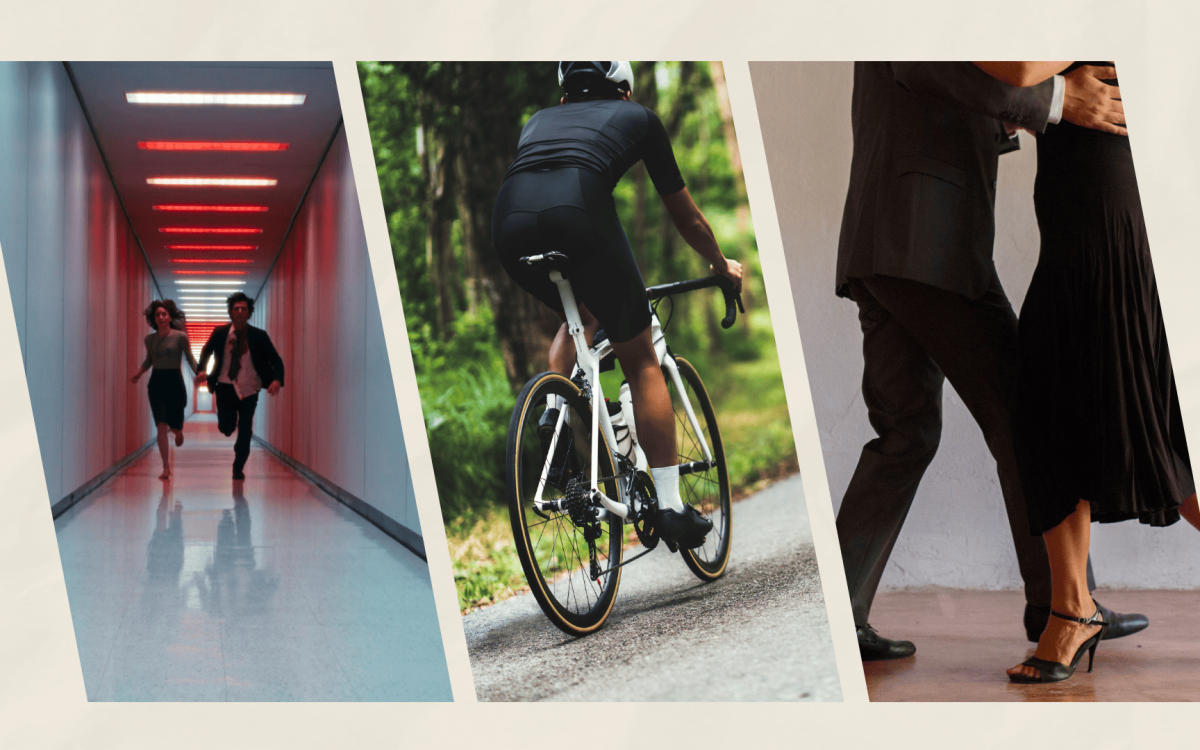 Illustration of "Severance" scene, cyclist, and tango dancers.