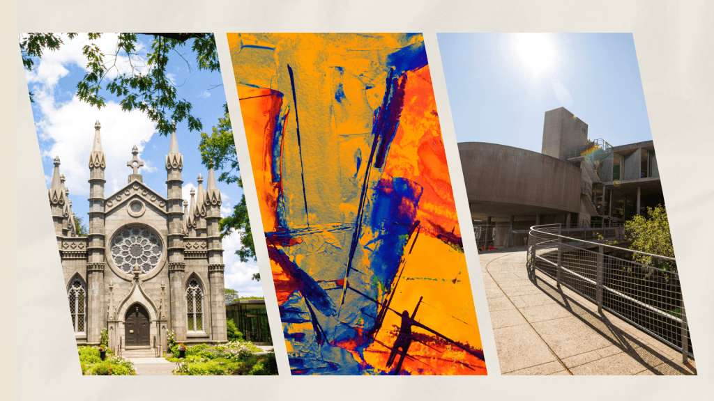 Collage of Mount Auburn Cemetery, artwork, Carpenter Center.