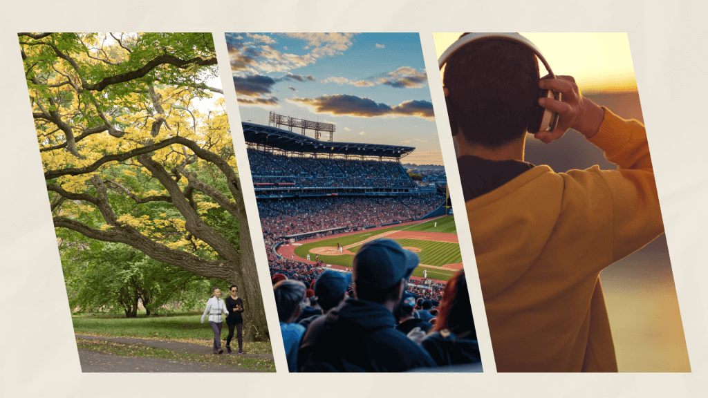 Illustration of Arboreturm, Fenway, person wearing headphones on walk.