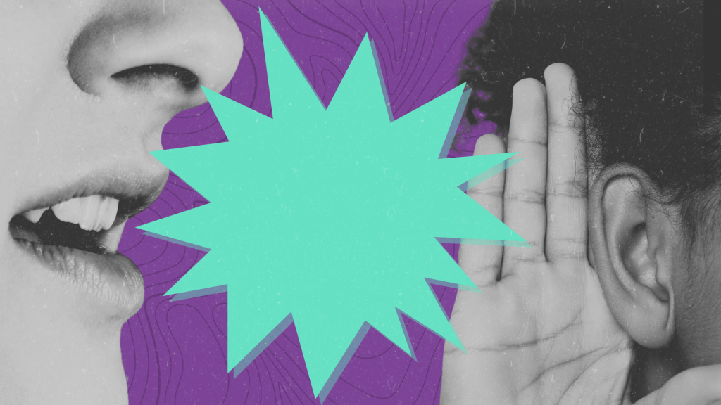 Photo illustration of a spiky word bubble between speaker and listener.