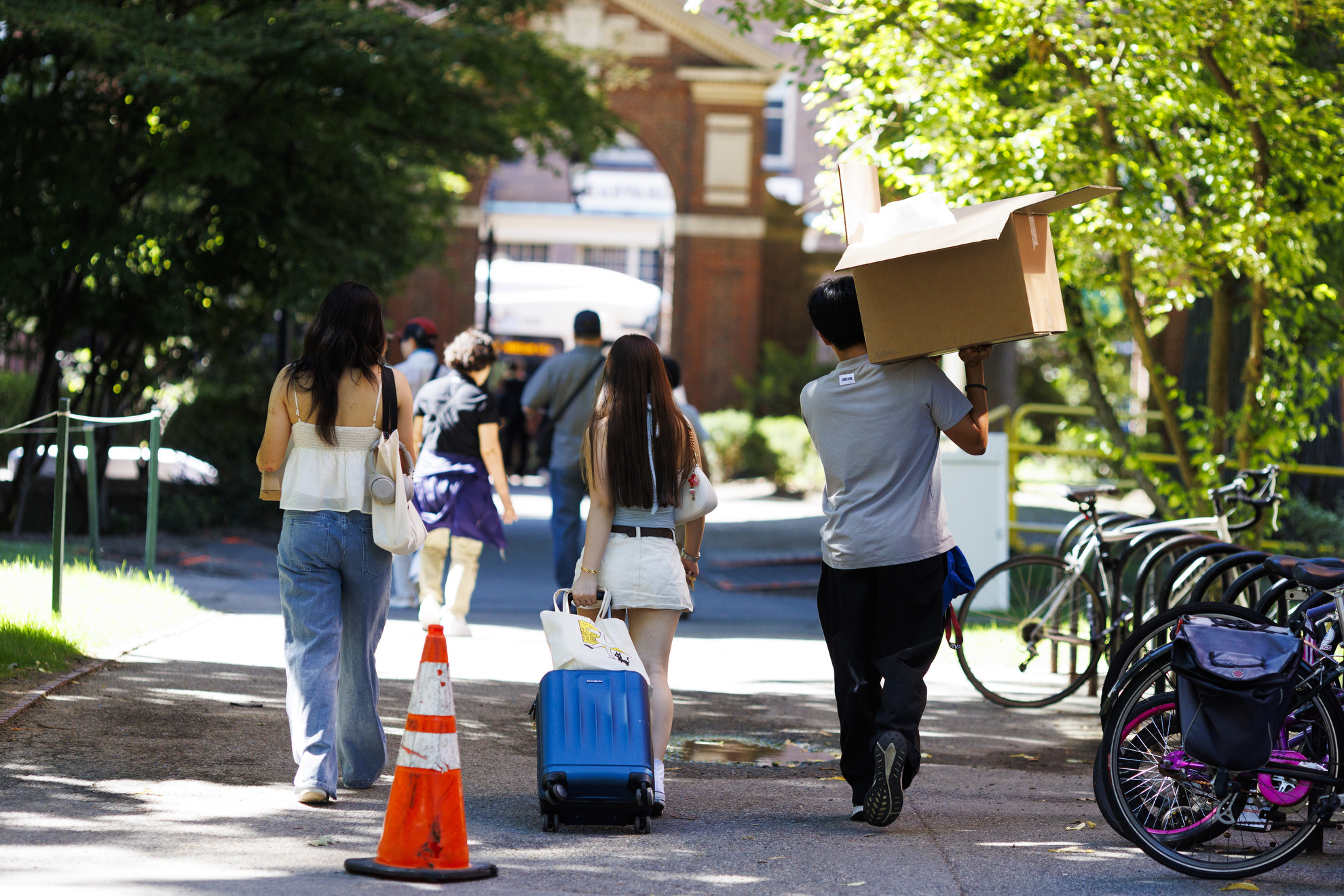 First-year students and families hoist boxes in Harvard Yard.