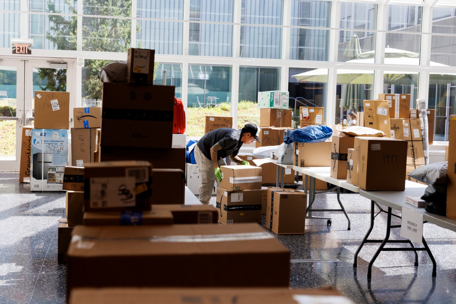 Staging area for moving boxes outside the Science Center at Harvard.