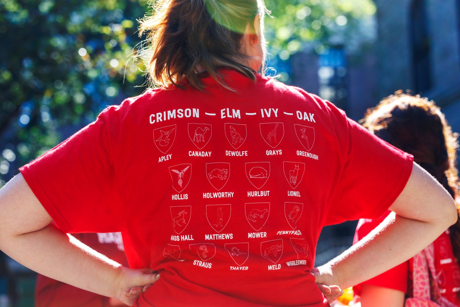 Alex Heuss ’26 wears a wears a T-shirt with all the first-year Houses.