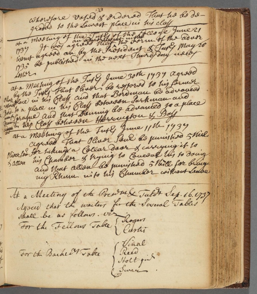 At the bottom of these handwritten notes from a 1737 meeting between president and faculty, six new waiters are identified by last name.