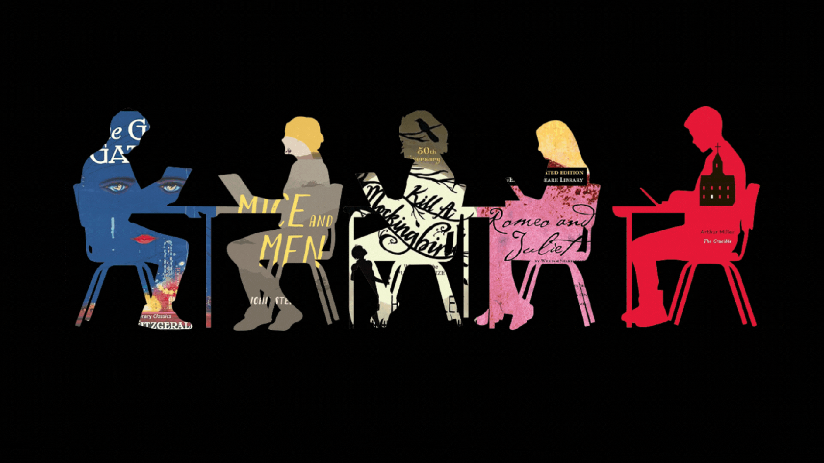 Illustration of grade-school children reading at desks.