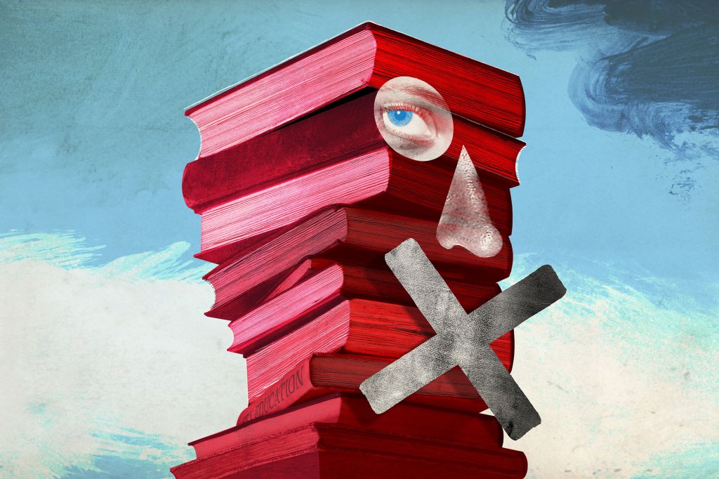 Gagged face on pile of text books.