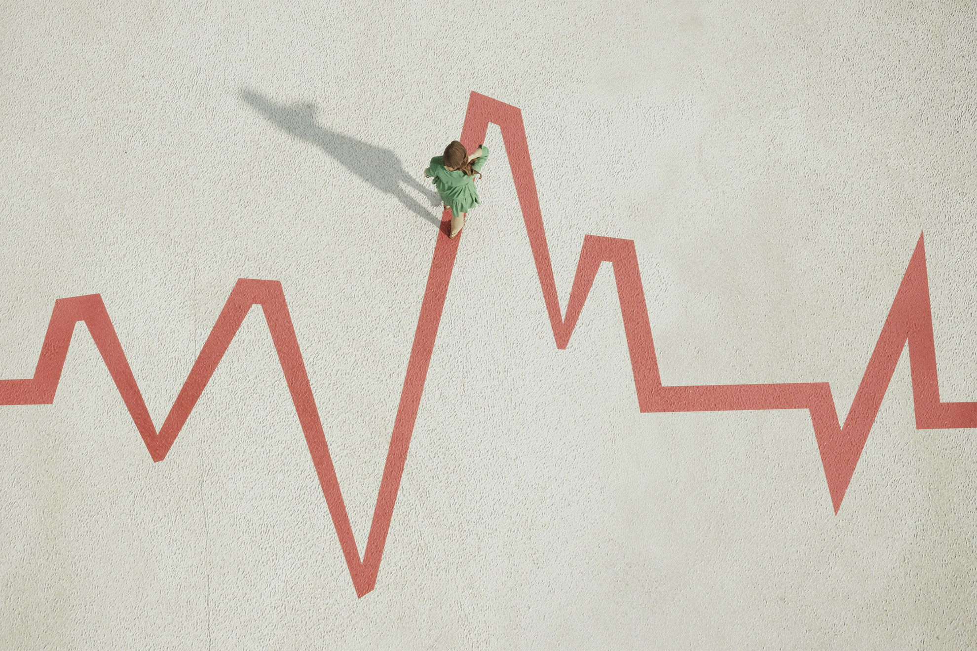 Woman walking on pulse trace shaped zigzag line. 