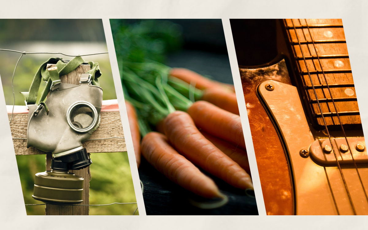 gas mask, carrots, guitar