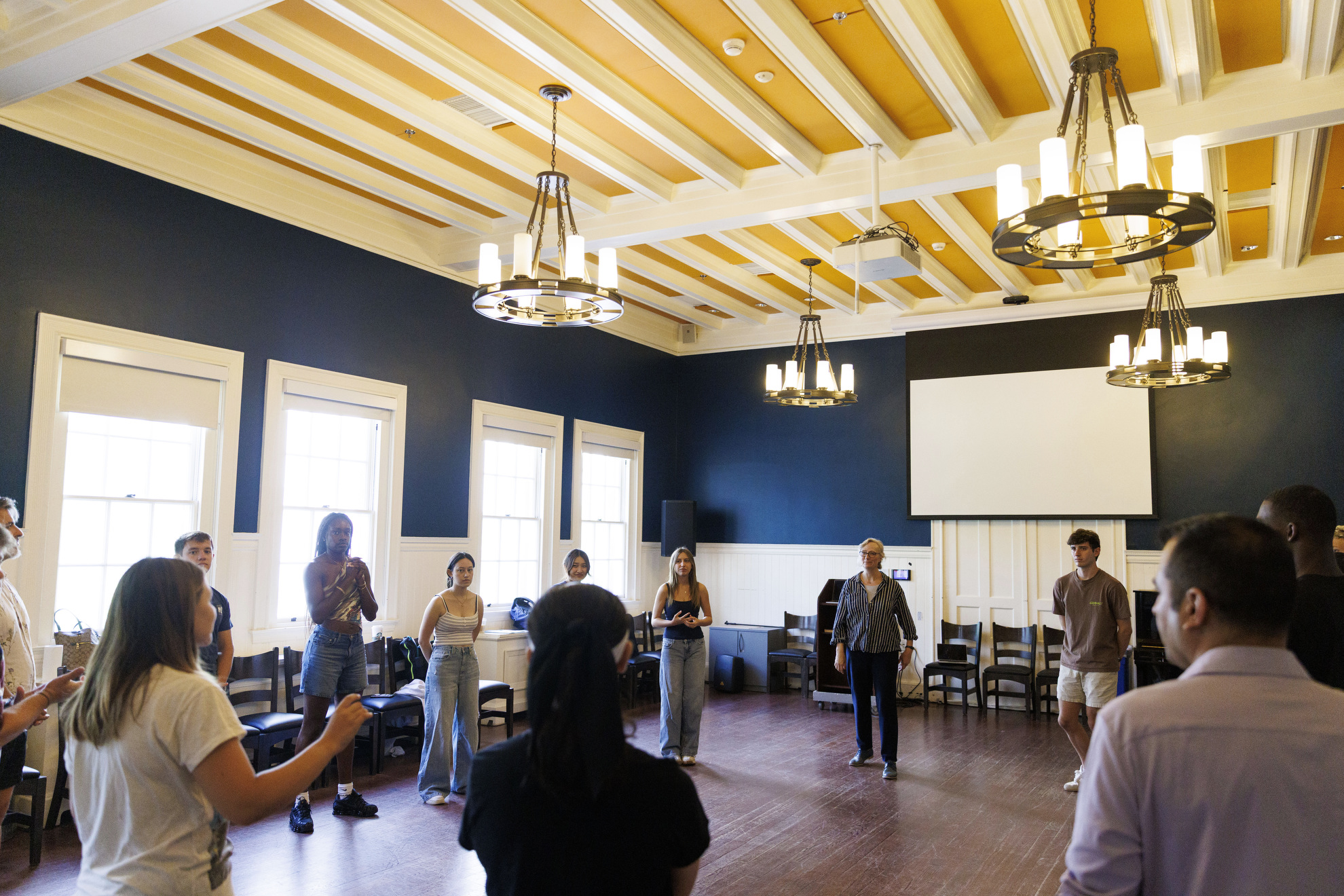 Students in TDM 119: Introduction to Voice and Speech, listen during an exercise in Farkas Hall.