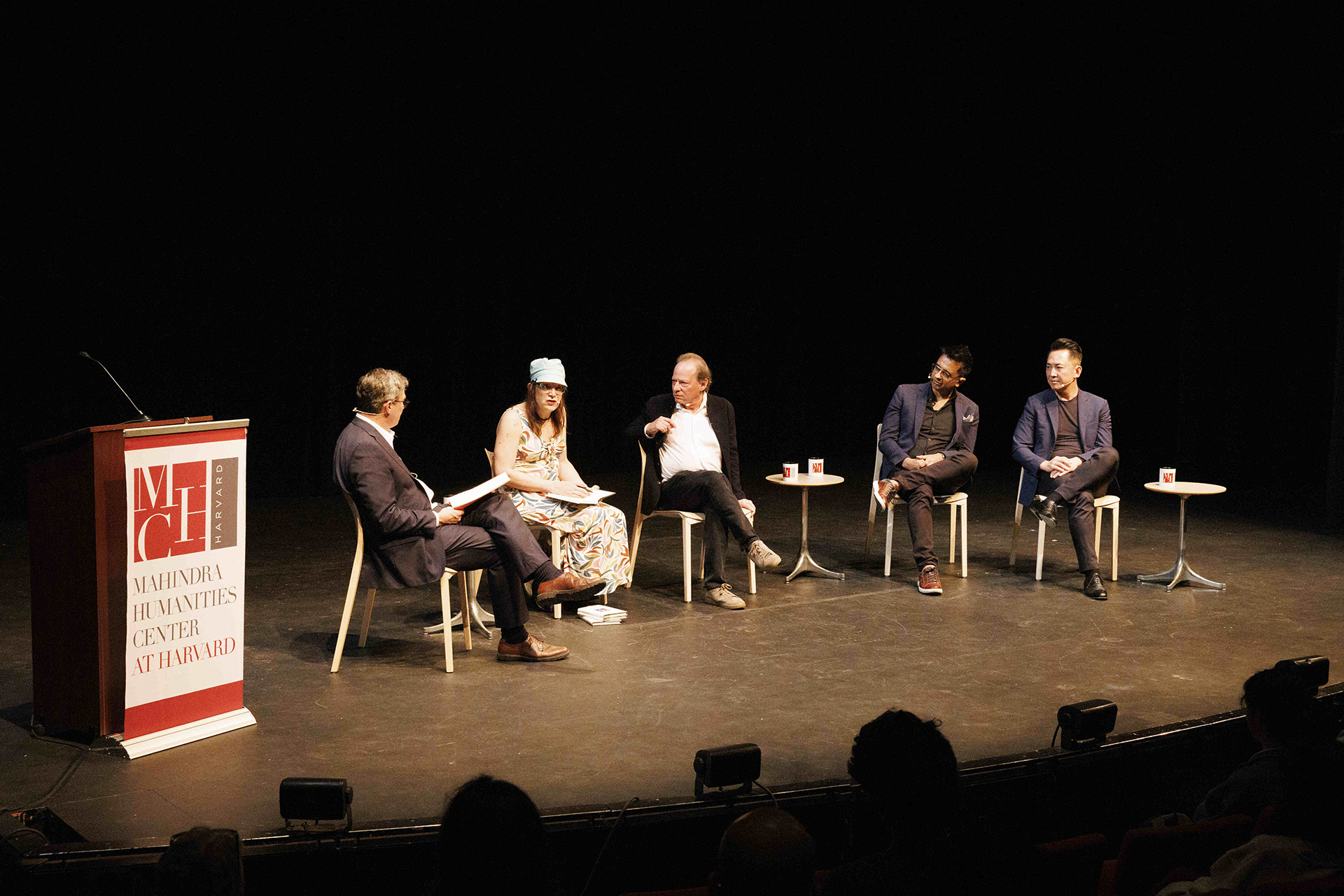 Sean Kelly, Stephanie Burt, Adam Gopnik, Vijay Iyer, and Viet Thanh Nguyen on stage for “Celebrating 100 Years of the Norton Lectures at Harvard” event.
