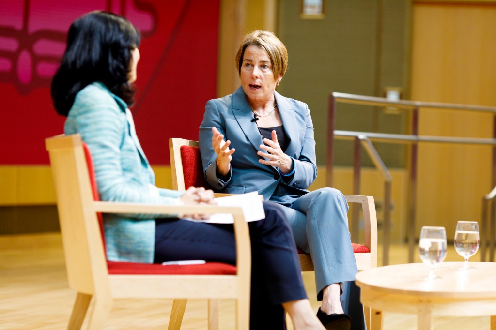 Massachusetts Governor Maura Healey with Tracy Palandjian, a member of the Harvard Corporation and the CEO and co-founder of Social Finance.