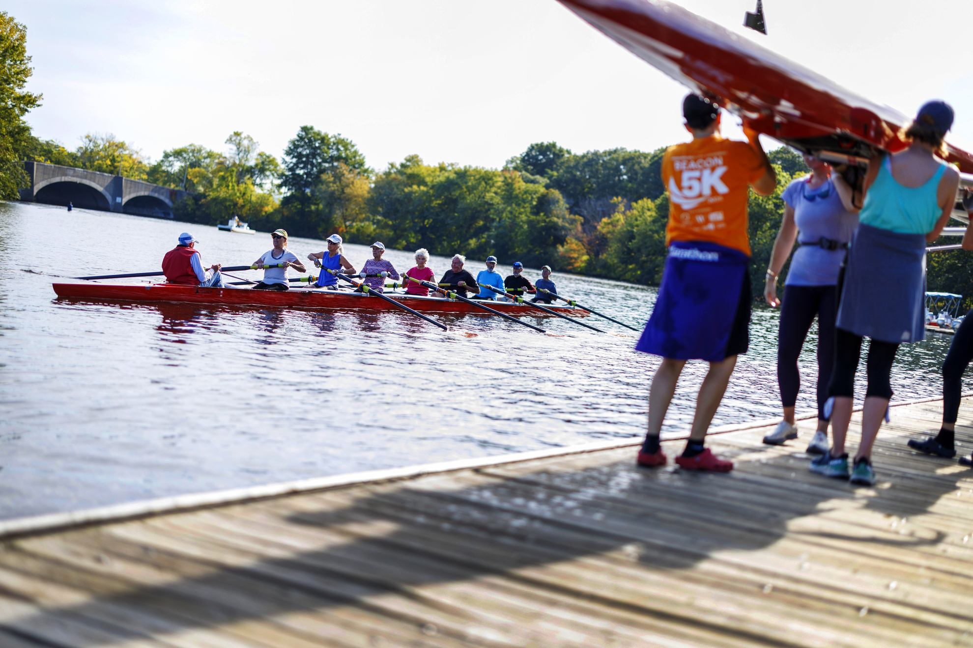 The Octo Eight is pictured off the dock on the Charles River.