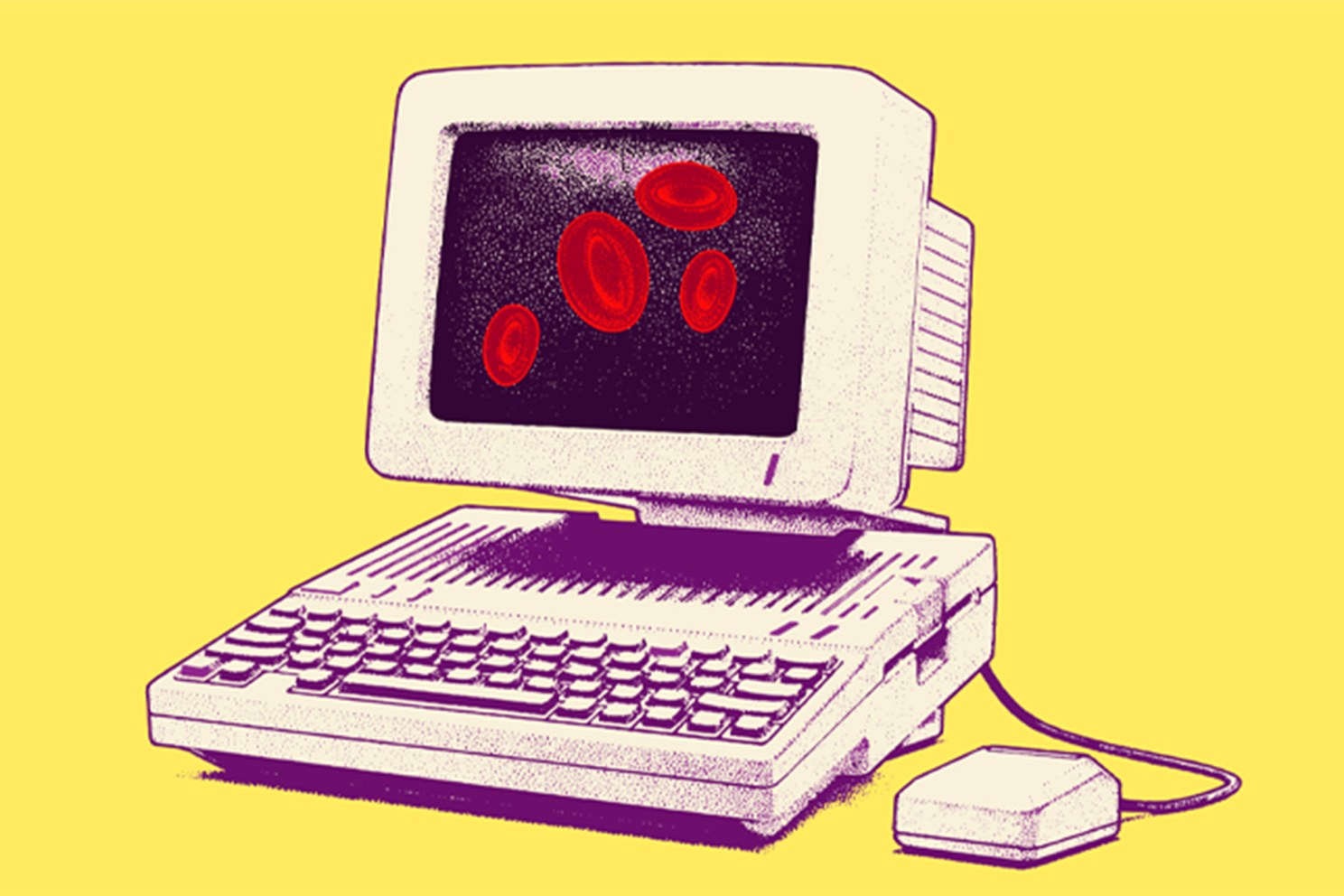 a drawing of a computer with red blood cells displayed on the screen.