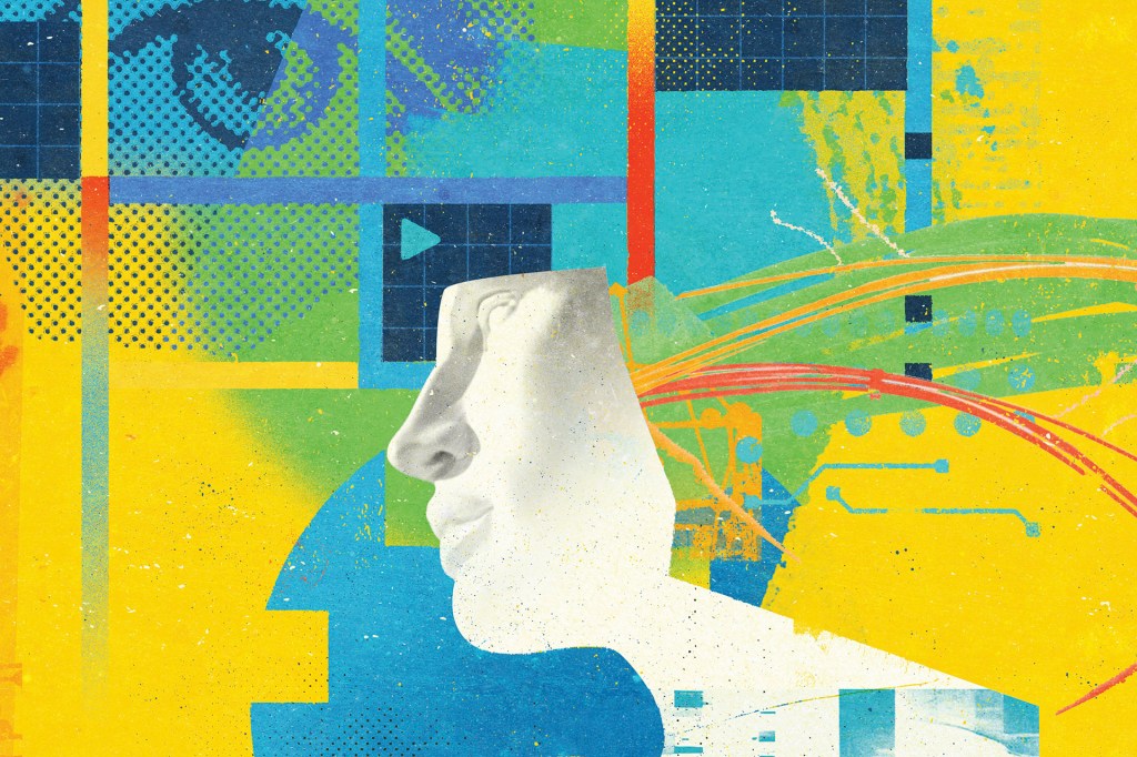 Illustration of humans, androids, and data connections. (By Stuart Kinlough / Ikon Images)