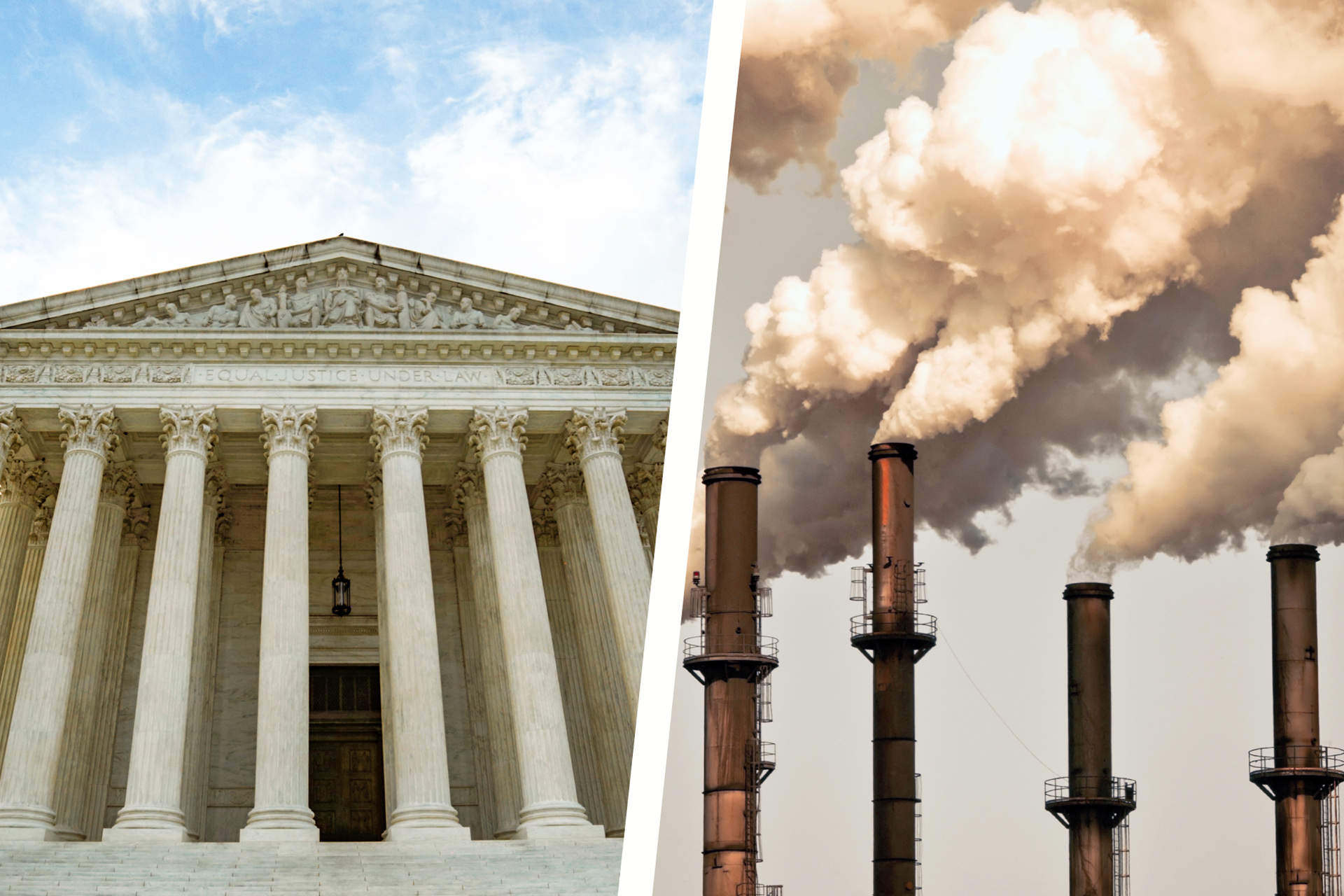 Supreme Court building and industrial smokestacks.