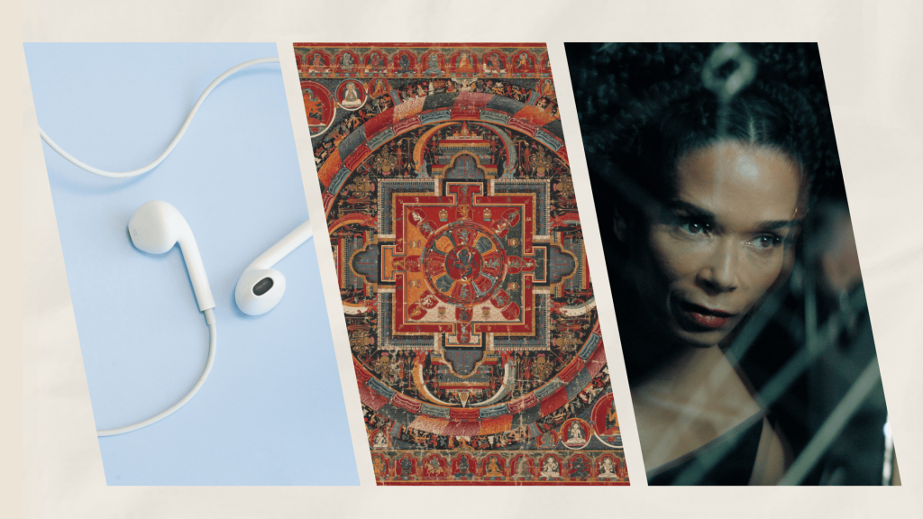 wired headphones, a carpet, a woman looking out the window