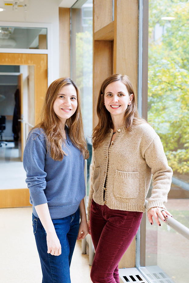 Jessica Whited (right), an associate professor of Stem Cell and Regenerative Biology, and Duygu Payzin-Dogru, a postdoctoral fellow, are seen in a portrait outside their lab, in the Sherman Fairchild building. The two are part of a team researching how axolotl salamanders regrow limbs. Their work was recently published in the journal Cell. Veasey Conway/Harvard Staff Photographer