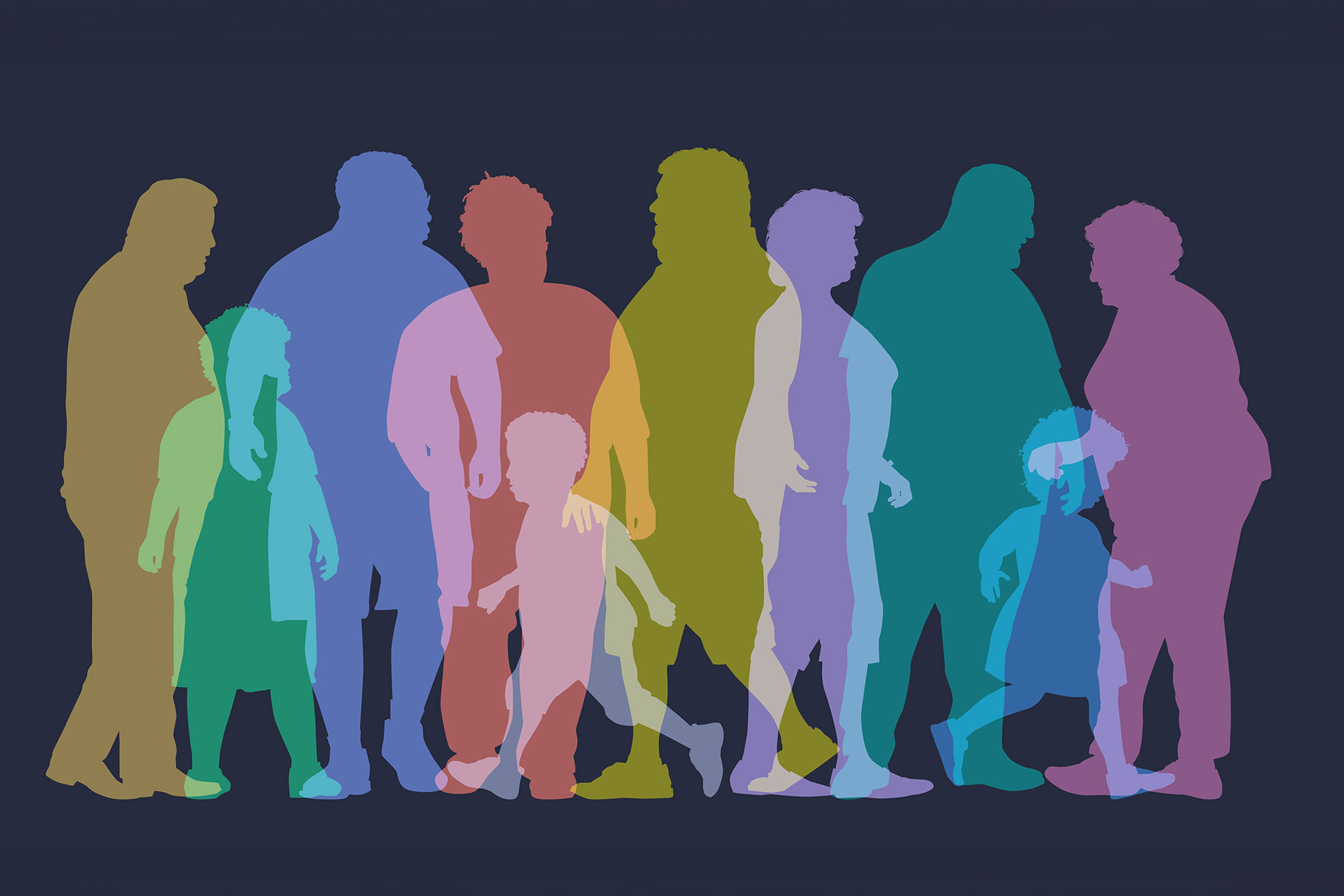 Colorful silhouettes of people of varying sizes.