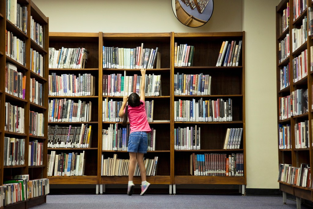 Child stands on tip-toes to reach for a book off a shelf.