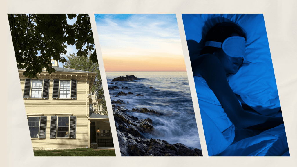 Collage of historic building, ocean, person sleeping.