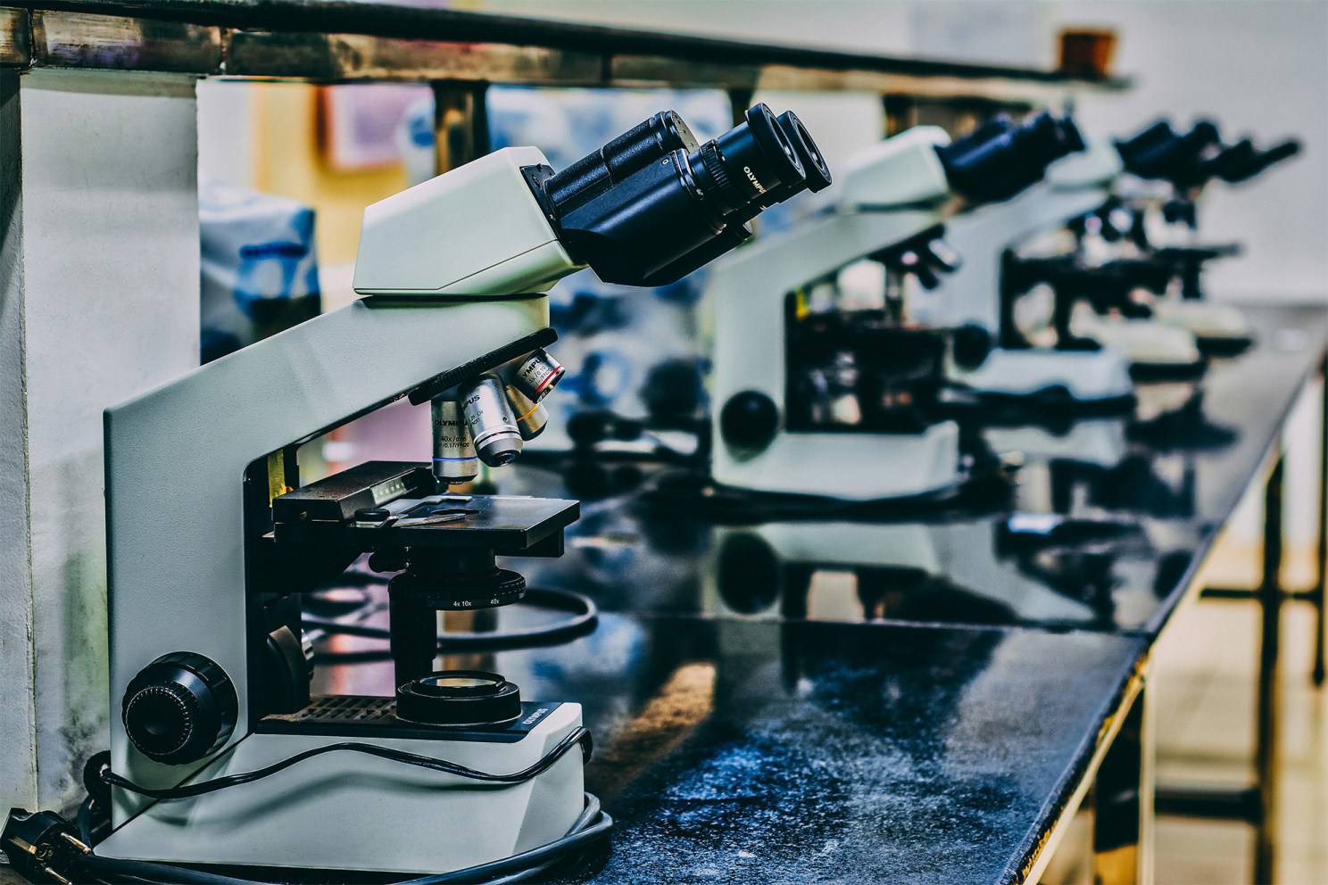A lab scene with microscopes.