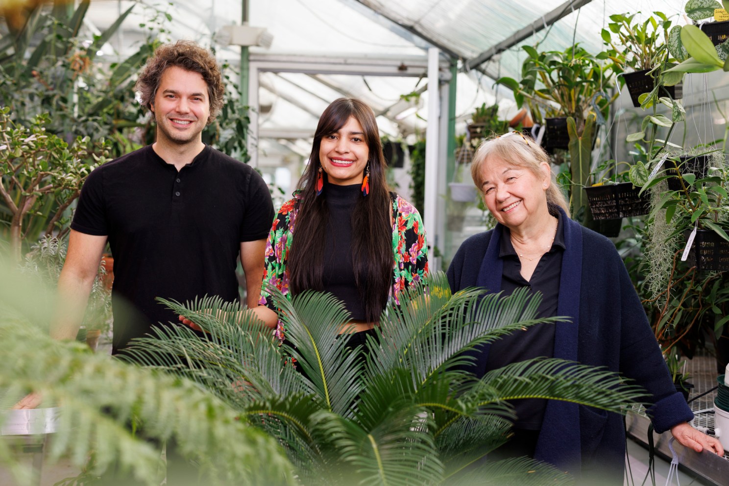 Nicholas Bellono (from left), a professor of Molecular and Cellular Biology, Wendy Valencia Montoya, a junior fellow of the Society of Fellows, and Naomi Pierce, the Sidney A. and John H. Hessel Professor of Biology, are seen near a cycad plant in the Biological Laboratory greenhouse. New research from the group, which will be published in the journal Science, revealed how the plant heats up its reproductive organs to attract beetles, which in turn facilitate pollination. Bellono and Pierce served as advisors for Montoya’s doctoral work, which she recently completed. Pierce is also a senior fellow of the Society of Fellows and curator of lepidoptera. Bellono serves as principal investigator of the Bellono Lab. Veasey Conway/Harvard Staff Photographer