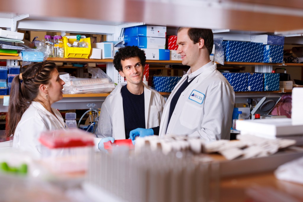 Postdoctoral fellows Emily Scott-Solomon (from left), Shlomi Brielle, and Alexander Mann.